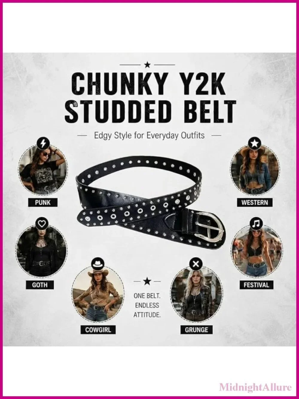Y2K Studded Belt Chunky PU Leather Festival Rave Punk Goth Western Belt